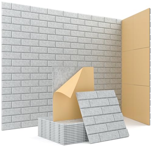 Image of Acoustic Wall Panels, Brick Pattern Peel and Stick Sound Absorbing Panel for Ceiling, Door, Pared, 12 Pack 12 inchx12 inchx0.4 inch, Grey Decorative Self Adhesive Wall Tiles for Recording Studio, Room