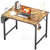DUMOS Computer Small Desk Office 32 Inch Writing Work Kids Study Simple Wooden Table for Home Bedroom Modern Style with Headphone Hooks & Storage Bag, Rustic Brown