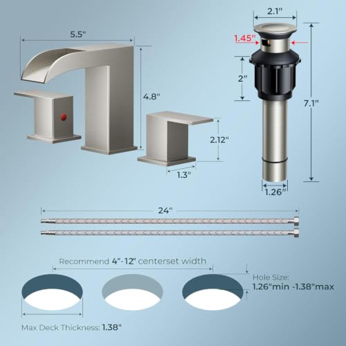 QFN Waterfall Bathroom Faucet 3 Hole 8" Widespread Brushed Nickel 2 Handle by QFN - Used condition - Image 2