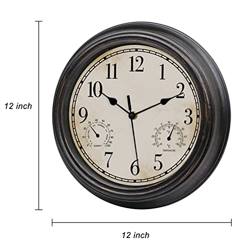 Lotcain 12 Inch Indoor Outdoor Retro Waterproof Wall Clock With Thermometer And Hygrometer, Battery Operated Quartz Round Wall Clock Silent Non Ticking Home Decor,Bronze #TOP4