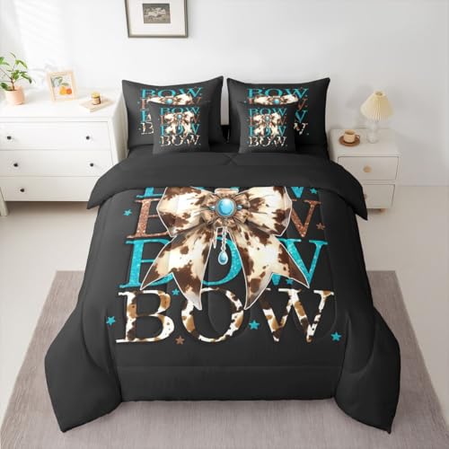 Image of Cowhide Bow Full Size Bed Sheets and Comforter Set | Dreamy Princess Style Bowknot 7-Piece Bedding Set Cow Print Bow Tie Bed in a Bag, Kawaii Geometric Bow-Tie Bed Sets,Cute Room Decor Aesthetic