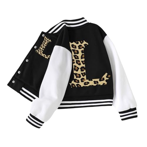 Veste de baseball scolaire élégante pour fille avec impression léopard et lettrage idéale pour d'automne et de printemps (Black, 13-14 Years)