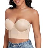 DotVol Women's Non-Slip Strapless Full Coverage Underwire Longline Corset Bustier Bra(Beige,32DD)