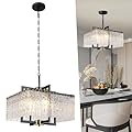 Black Chandeliers for Dining Room, 16" Square Modern Adjustable Pendant Lights for Kitchen Island,Crystal Light Fixture for Entryway Over Table
