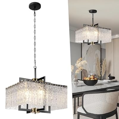 Black Chandeliers for Dining Room, 16" Square Modern Adjustable Pendant Lights for Kitchen Island,Crystal Light Fixture for Entryway Over Table