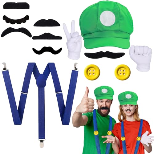 Accesorios de Disfraz de Mari, Gorra de Mari y Luig, Gorra Mari Bros, Mari Bros Gorra, Accesorios de Disfraz de Mari con Guantes, Bigote, Botones, para Navidad, Carnaval, Cosplay y Halloween (B)