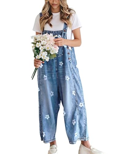 utcoco Women Floral Printed Adjustable Strap Denim Bib Overall Wide Leg Jeans Casual Baggy Overalls Jumpsuit, Blue, XX-Large