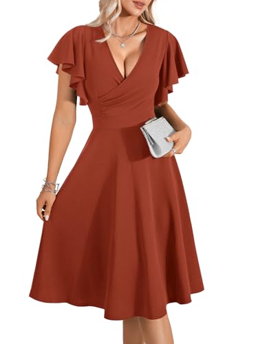 Image of LYANER Women's Warp V Neck Ruffle Short Sleeve A Line Swing Flared Cocktail Party Midi Dress