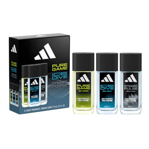 Image of adidas Giftset Pure Game, Ice Dive and Dynamic Pulse Body Fragrance (75ml, 2.5fl oz), for him, Notes of Rosemary, Lemon, Peppermint, and Grapefruit, Men's Fragrance, Long Lasting, Sporty Fragrance