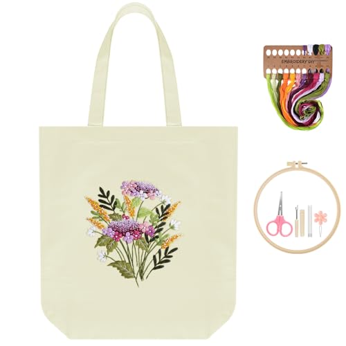ERKOON Canvas Tote Bag Embroidery Kit for Beginners, Floral Arts Crafts Cross Stitch Kits for Adults Including Stamped Embroidery Bag with Hoops, Needle, Instruction and Color Threads(Colorful Time)