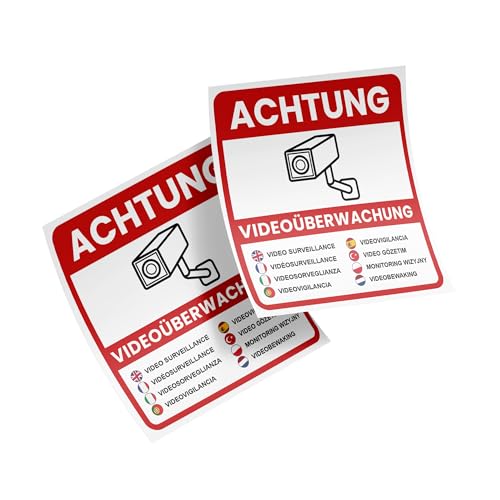 2 Achtung Videoüberwachung Aufkleber 98x98 mm Sticker wetterfest & wasserabweisend geschlitzte Rückseite für einfache Anbringung mehrsprachig Kamera Warnschild Sticker für Gelände