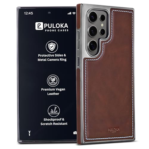 Image of PULOKA Chrome Leather Back Case - Compatible with Samsung Galaxy S23 Ultra - Luxury Bumper Case - Flexible Vegan Leather - Electroplated Sides - Full Camera Protetection & Raised Edges - Brown