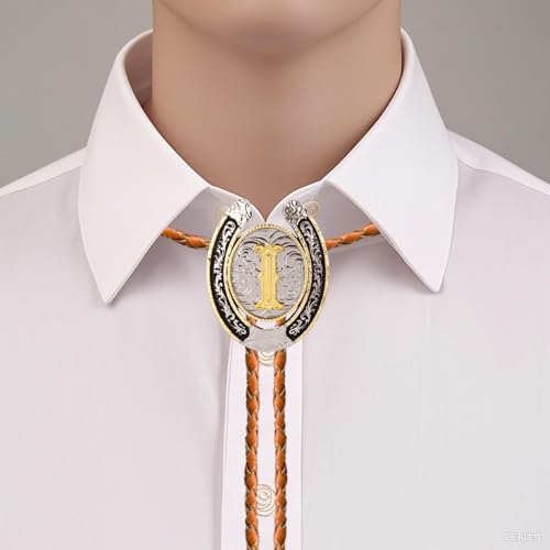 Image of Bolo tie for Men Western Cowboy Brown Leather Necktie Gold Initial Letter ABCDJMR to Z Bolo ties for Women
