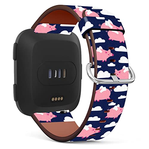 Mingdao Compatible with Fitbit Versa 2 / Versa / Versa Lite / Versa SE Patterned Leather Replacement Band (Cute Flying Cartoon Pigs)
