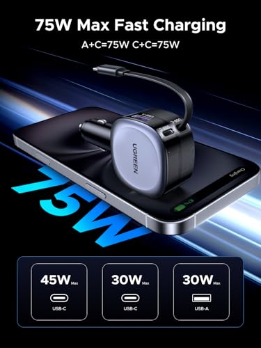 Image of UGREEN 75W Retractable Car Charger 3-in-1 Cigarette Lighter USB Charger Fast Charging Car Charger Adapter Compatible with iPhone 17 /16 /15, Galaxy S25 /S24 /S23, iPad, Surface Pro, Chromebook
