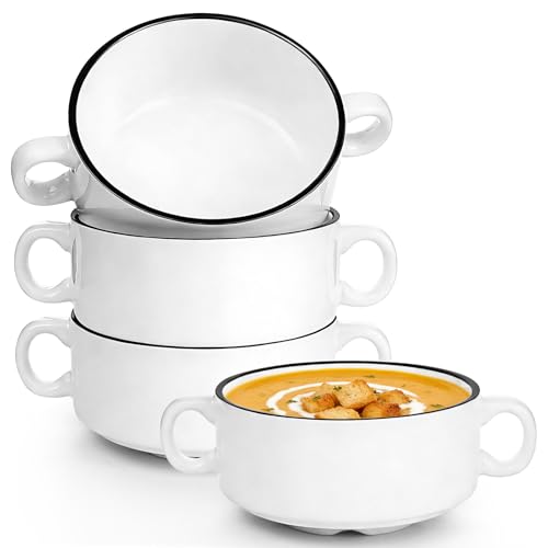 ICEBLUEOR 300ml Soup Bowls with Handle Set of 4, Ceramic White French Onion Soup Bowls, Individual Cereal Bowls for Potato Soup,Porridge, Pasta, Dessert, Pie, Butter Oven Microwave Dishwasher Safe