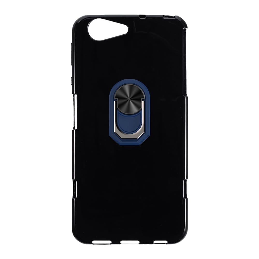 Flexible Case + Ring Holder Compatible with Sharp Aquos Zeta SH-04H Phone Shockproof Cover & Magnetic Mecha Style Finger Grip Kickstand (Black+BlueRing)