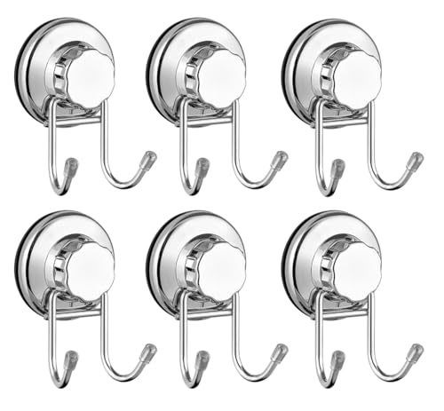 SANNO Suction Cup Hooks for Shower Vacuum Hook for Flat Smooth Wall Surface Towel Robe Bathroom Kitchen Shower Bath Coat, Stainless Steel (6 Pack)