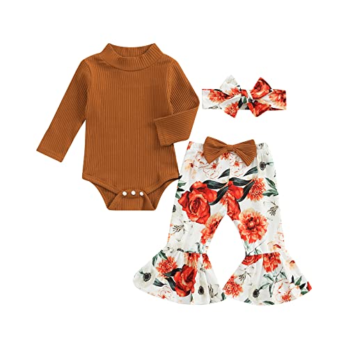 Image of Baby Girl Outfits Fall Ribbed Turtleneck Long Sleeve Romper Tops Floral Bell Bottom Flare Pants 3 6 9 12 18M Clothes Set