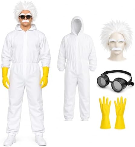 Mad Scientist Costume Adult White Jumpsuit Crazy Wig Goggles Glov...