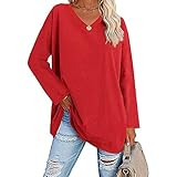 Famulily Oversized Long Sleeve Baseball Tops Tshirt Women's V Neck Simple Basic Solid Color Tunic Tops Loose Fit Red XXL