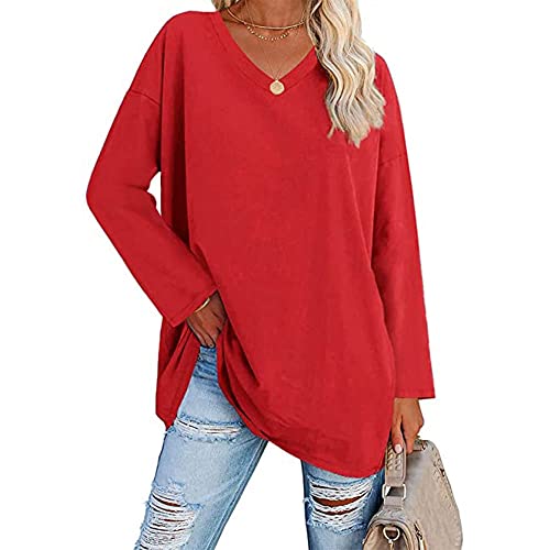 Image of Famulily Oversized Long Sleeve Baseball Tops Tshirt Women's V Neck Simple Basic Solid Color Tunic Tops Loose Fit Red XXL