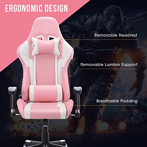 Homemiyn Gaming Chair With Rgb Led Lights And Speakers, Video Game Chair,Swivel Reclining Racing Chair With Headrest & Lumbar Support, Pu Leather High Back Computer Chair For Girlfriend, Sister, Pink #TOP2
