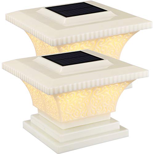 TORCHSTAR Solar Post Lights Outdoor, LED Fence Cap Light Fits 4x4, 5x5, 6x6 Posts Patio Deck Garden Decoration, Soft White, 360° Beam Angle, IP65 Waterproof Creamy White Finish, Pack of 2