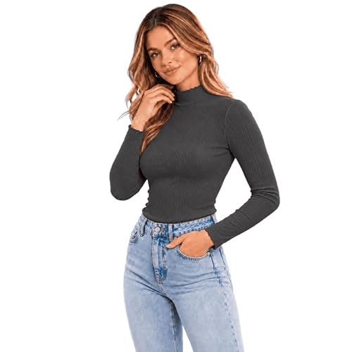 Blusa Feminina Manga Longa Gola Alta Canelada Lisa - Chumbo - M | Tecido Canelado, Gola Alta, Manga Longa, Modelagem Feminina, Uso Casual