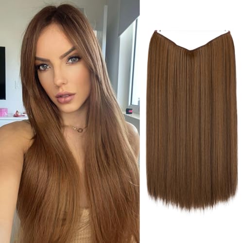 SARLA Invisible Wire Hair Extensions Straight Long Synthetic Hairpieces 22 inch Adjustable Transparent Headband for Women Chocolate