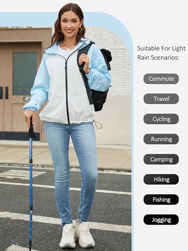 PITINAN Packable Rain Jacket for Women Waterproof Windbreaker Jacket Women Lightweight Raincoat Rain Coats with Hood Light Blue M