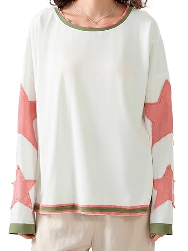 Image of Yoisdtxc Women's Oversize Crewneck Sweatshirts Long Sleeve Patchwork Pullovers Vintage Spring and Fall Outfit (C-Pink, L)