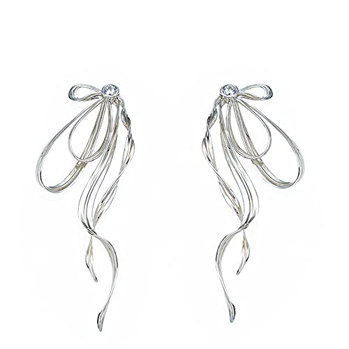 Charm Bow Knot Dangle Drop Earrings For Women Girls S925 Sterling Silver Post Cubic Zirconia Long Spiral Ribbon Tassel Threader Piercing Earring Temperament Fashion Jewelry Gifts For Mom Wife Girlfriend Bff Birthday Anniversary #TOP16