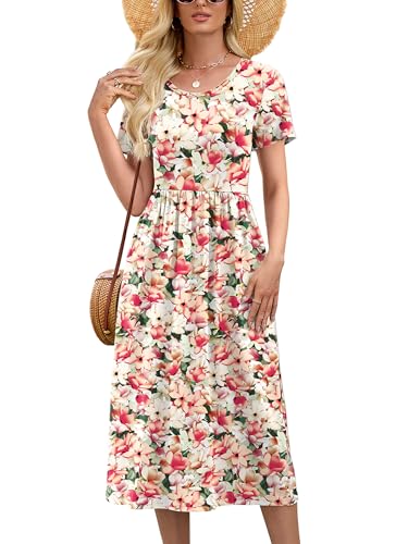 Image of Heymoments Women's Casual Short Sleeve Midi Dress Crewneck A Line Tiered Flowy Loose Travel Long Dresses with Pockets