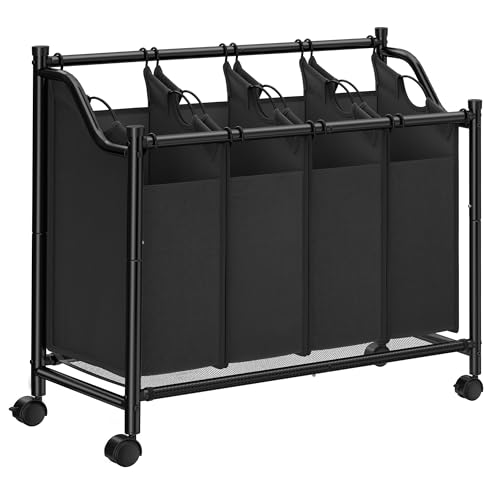 SONGMICS Wäschekorb, Wäschesammler, Wäschesortierer mit 4 abnehmbaren Stofftaschen, Rollen, Aufbewahrung für Spielzeug, 4 x 35 Liter, schwarz LSF005