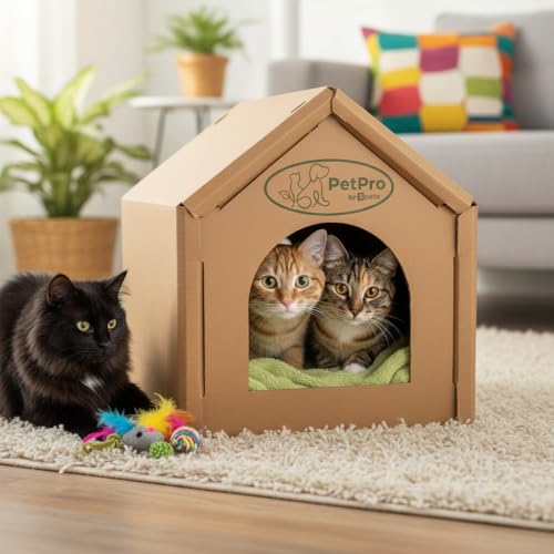 Cozy Cat House, Corrugated Cardboard Cat House - Small Size, Sturdy, Cat Hideaway, for Indoor Cats and Rabbits, Cardboard,Brown.