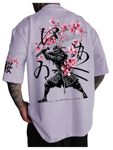 WDIRARA Men's Japanese Letter Graphic Tees Crew Neck Short Sleeve T Shirts Casual Tops Purple Medium