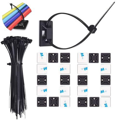 100 Pack Cable Clips with Zip Ties, Self Adhesive Mounts with Cable Ties for Wire Holder, Cable Management Cord Organization for Home Office Desk Wall Decorations - Black