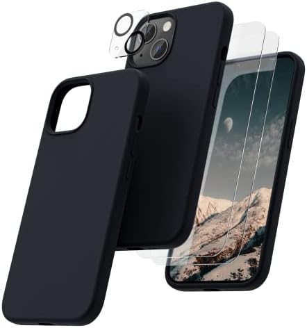OIIAEE [5-in-1] for iPhone 13 Case 6.1",Liquid Silicone case with 2 Pack Screen Protector & 2 Pack Camera Protector, Ultra Slim Shockproof Soft Anti-Scratch Microfiber LiningBlack