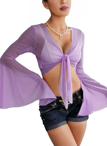 Rave Bell Mesh Crop Top for Women - EDC Festival Long Sleeve Tie Front Sheer Shirt Ruffle Fairycore Blouse Outfits(Purple,XL,1087e)