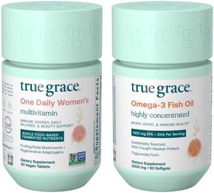 True Grace One Daily Women’s Multivitamin (30 Vegetarian Tablets) & Omega-3 Fish Oil (60 Softgels) - Gluten Free, Soy Free, Organic - 30-Day Supply of Each