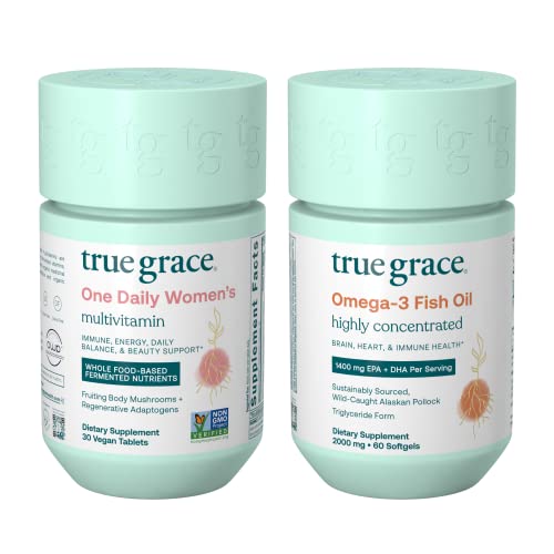 True Grace One Daily Women’s Multivitamin (30 Vegetarian Tablets) & Omega-3 Fish Oil (60 Softgels) - Gluten Free, Soy Free, Organic - 30-Day Supply Of Each #TOP9