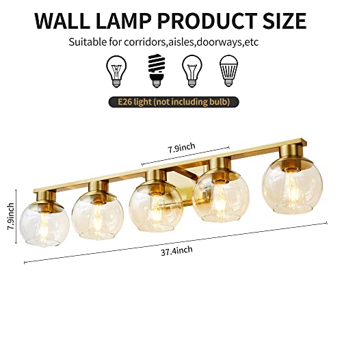 PAZALA Brushed Brass Bathroom Light Fixtures Over Mirror 5-Lights Vanity Light Wall Sconce with Globe Glass Shade E26 Base Perfect for Hallway Picture Wall Lighting Bathroom Bedroom Mirror Living Room by PAZALA - Used condition - Image 4