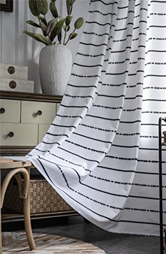 2 Panels Black White Striped Curtains For Bedroom, Cotton Linen Boho Tassel Window Treatment Farmhouse Thermal Insulated Blackout Curtains Home Decor (55''Wx95''L) #TOP5