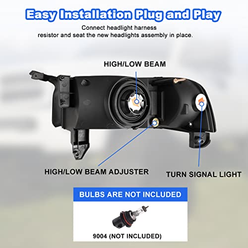 Roxx Headlights Assembly For 1994-2001 Dodge Ram 1500 2500 3500, 1995-2002 Dodge Ram 4000, Headlights W/Led Drl, Amber Reflector, High Low Beam, Driver & Passenger Side (With Led Drl) #TOP4