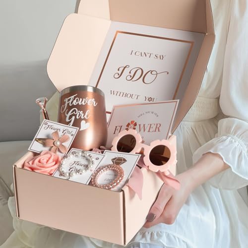 BESZONE Flower Girl Proposal Box 9 Pcs Gift Set Basket, Will You Be My Flower Girl Gift from Bride, Cup Sunglasses Bracelet Hair Clip Hair Ties Proposal Card Pen Tumbler by BESZONE - Image 2