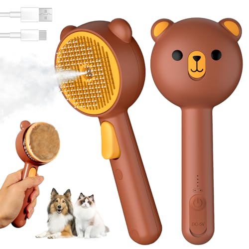 Pecait Cat Steam Brush, Self Cleaning Pet Spray Hair Removal Comb with Release Button, 3 in 1 Cat Brush for Indoor Cats, Waterproof Pet Grooming Brushes for Long Short Haired Dogs Cats（Brown）