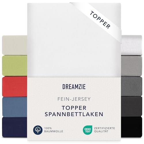 Dreamzie Premium Topper Spannbettlaken 180x200 cm - 200x200 cm - extra niedriger Seitenhöhe - für Topper - Topperauflage - Spannbetttuch Jersey Baumwolle, 150 g/m² - Oeko-TEX - Weiß 1