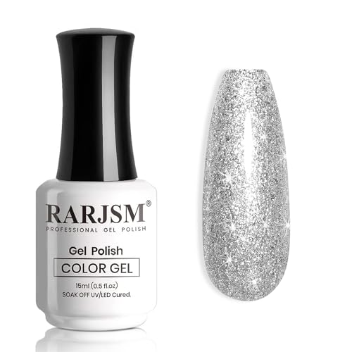 RARJSM Glitter Gel Nail Polish Platinum Silver Shiny Metallic Silver Diamond Gel Polish Sparkly Chunky Pigments Nail Gelpolish Soak off L e d UV Curing Required for Nail Art Salon Manicure Christmas