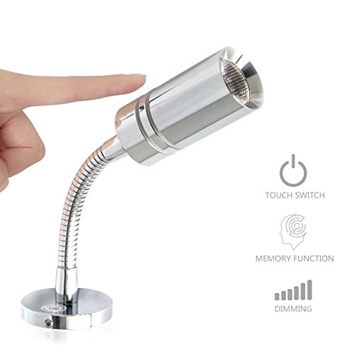 1.4W Flexible Short Gooseneck RV 12V Reading Lamp - Dual Lighting Mode, Polished Chrome Touch Dimmer Switch, Hard-Wired, 2800-3200k, Surface Mount on Caravan, Boat, Yacht, Spot Light, 2 Pack - Thumbnail 2